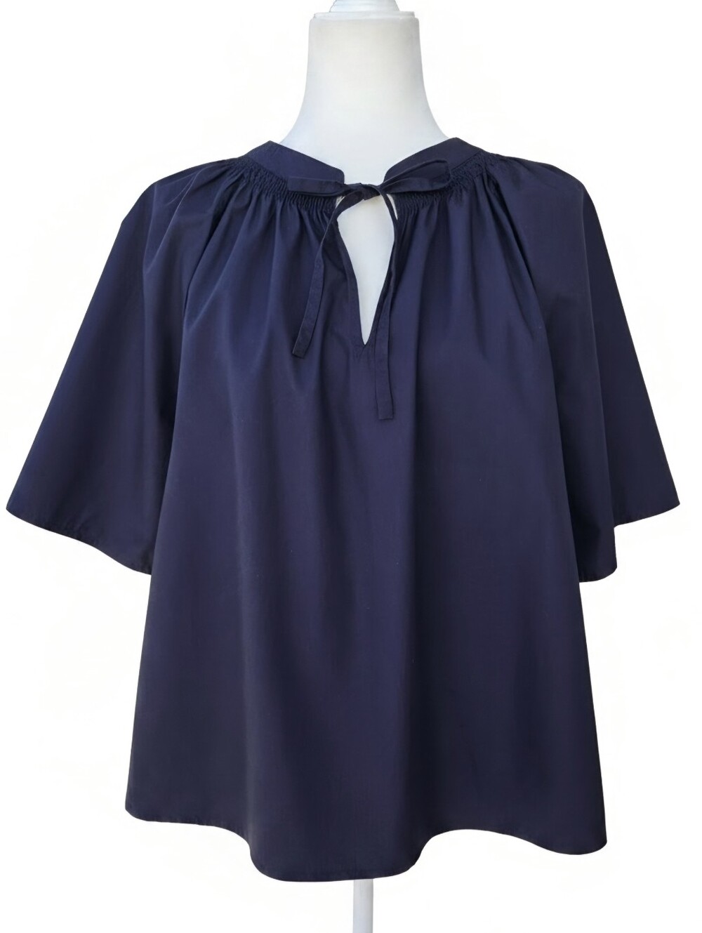 Quince Organic Cotton Poplin Split Neck Top Navy Blue Women's Large